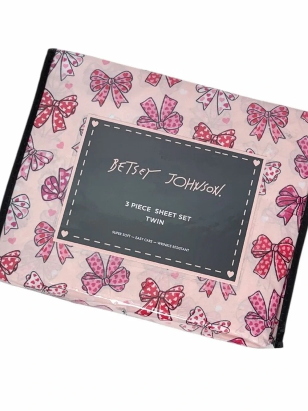 Betsey Johnson Pink Bow Heart Twin Sheet Set 3 Piece Bedding Girly sheet Set